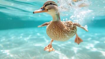 ai gerado Hilário embaixo da agua cena Pato dentro piscina tocam profundo mergulho Ação, ai gerado. foto