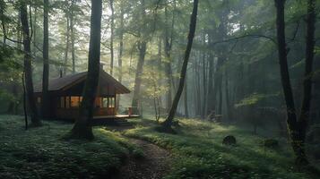 ai gerado enevoado floresta cabine sereno alvorecer tranquilo compensação e natural sinfonia foto