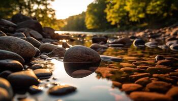 ai gerado tranquilo cena pedra, reflexão, floresta, água, pôr do sol gerado de ai foto