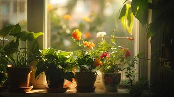 ai gerado iluminado pelo sol peitoril da janela oásis variedade do em vaso plantas prosperar dentro suave natural luz foto