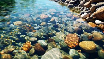 ai gerado tranquilo verão litoral, ondas refletindo suave pedra material gerado de ai foto