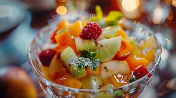 ai gerado colorida macro tiro captura frescor do vibrante fruta salada dentro Claro vidro tigela foto