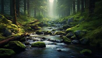 ai gerado tranquilo cena do fluindo água dentro uma floresta gerado de ai foto