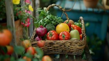 ai gerado vibrante fresco frutas e legumes brilho dentro caloroso natural luz em rústico mesa foto