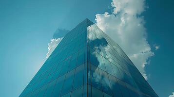 ai gerado moderno vidro arranha-céu reflete azul céu e nuvens ângulo amplo lente captura inteira construção a partir de inferior para topo foto