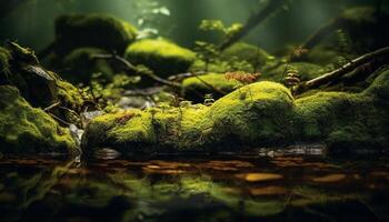 ai gerado tranquilo cena do verde floresta com fluindo água gerado de ai foto