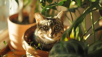 ai gerado curioso gato espreitadelas a partir de ensolarado vivo quarto atrás em vaso plantar foto