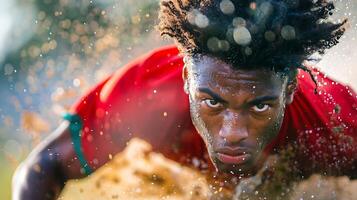 ai gerado fêmea corredor surtos através maratona com vibrante fundo Felicidades capturado com 200 mm telefoto lente foto