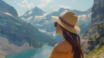 ai gerado relaxado de praia momento mulher dentro Palha chapéu e oculos de sol olhares fixos às oceano abraçando tranquilidade foto