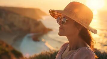 ai gerado mulher admira costeiro pôr do sol dentro chapéu de sol e oculos de sol foto