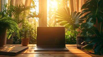 ai gerado tranquilo área de trabalho com natural luz vegetação e pôr do sol brilho promove criatividade flexibilidade e produtividade foto