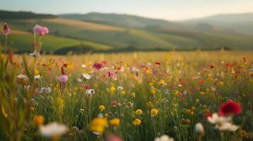 ai gerado colorida flores silvestres campo banhado dentro suave luz abraçado de rolando colinas foto