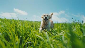 ai gerado dourado retriever alegremente limites através vibrante campo debaixo Claro azul céu capturado com Largo 50mm lente foto