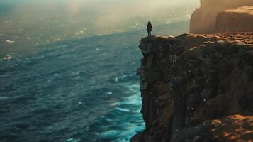 ai gerado viajante abraços panorâmico penhasco Visão dentro caloroso dourado hora luz evocando desejo de viajar e aventura foto