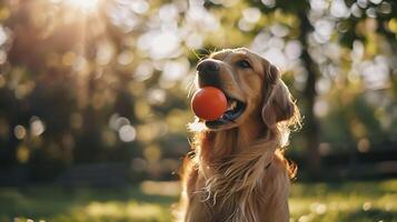 ai gerado fofo dourado retriever brincadeiras através flores silvestres dentro suave natural luz foto