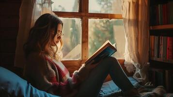 ai gerado tranquilo momento jovem mulher lê livro em acolhedor janela assento dentro suave natural luz foto