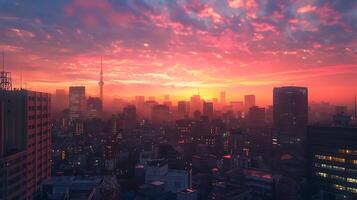 ai gerado moderno cidade Horizonte brilha às pôr do sol alta vidro arranha-céus refletindo caloroso tarde luz foto