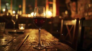 ai gerado acolhedor ambiente vermelho vinho vidro em rústico mesa banhado dentro suave natural luz foto