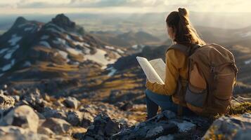 ai gerado aventureiro mulher abraços grande montanha panorama com mapa e mochila capturado com telefoto lente foto