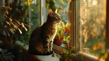 ai gerado curioso malhado gato se aquece dentro suave natural luz em peitoril da janela foto
