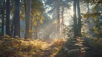 ai gerado majestoso floresta luz solar filtrado através alta árvores modelar padrões do luz e sombra foto