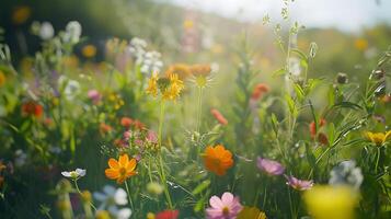 ai gerado vibrante flores silvestres aquecer dentro suave natural luz abraçando exuberante campo foto
