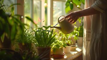 ai gerado mulher cuidando exuberante plantas em iluminado pelo sol peitoril da janela dentro fechar-se tiro foto