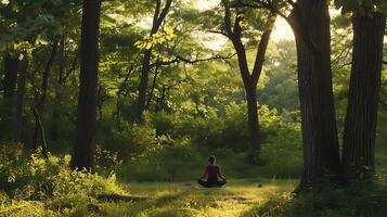 ai gerado sereno floresta ioga abraçando Paz no meio majestoso árvores luz solar filtrado dourado brilho foto