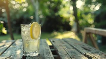 ai gerado refrescante gelado limonada deliciosamente enfeitado conjunto contra brilhante ao ar livre pátio fundo foto