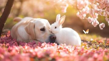 ai gerado encantador jardim amizade labrador e Coelho aquecer dentro cereja Flor sombra abraçado de borboletas foto