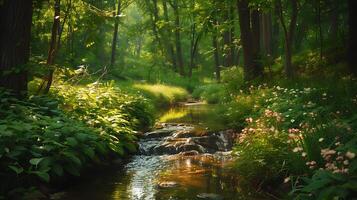 ai gerado tranquilo floresta cena iluminado pelo sol corrente ioga em meio a flores silvestres harmonia rejuvenescimento e auto-reflexão foto