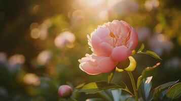 ai gerado delicado Rosa peônia pétalas abraçado de suave natural luz foto