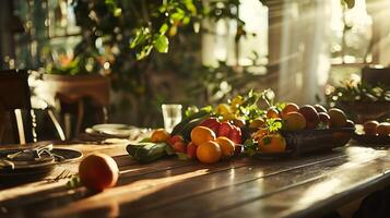 ai gerado suntuoso rústico jantar espalhar colorida frutas queijos pão e vinho em de madeira mesa melhorada com fresco flores foto