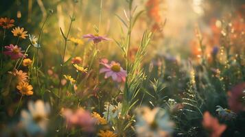 ai gerado vibrante flores silvestres aquecer dentro suave natural luz dentro exuberante campo foto