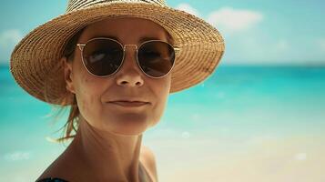 ai gerado sereno de praia retrato mulher dentro Sol chapéu e oculos de sol emoldurado de turquesa oceano banhado dentro suave natural luz foto