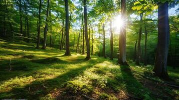 ai gerado sereno floresta cena luz solar através árvores exuberante folhagem e vibrante cores foto