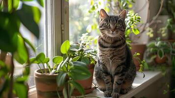 ai gerado curioso malhado gato senta em janela com suave luz e vegetação pano de fundo foto