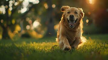 ai gerado fofo dourado retriever limites através iluminado pelo sol campo capturado dentro fechar-se foto