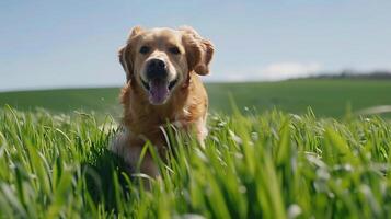 ai gerado dourado retriever alegremente limites através exuberante verde campo debaixo Claro azul céu capturado com uma Largo 50mm lente foto