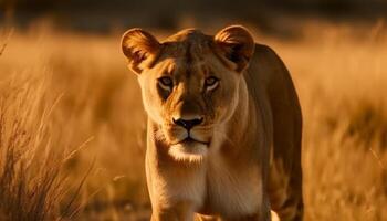 ai gerado majestoso leoa caminhando dentro a africano região selvagem às pôr do sol gerado de ai foto