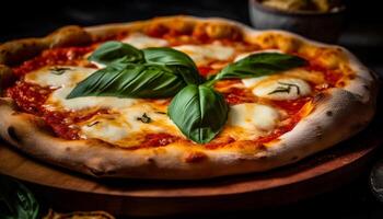 ai gerado recentemente cozido caseiro pizza com mussarela, tomate, e italiano ervas gerado de ai foto