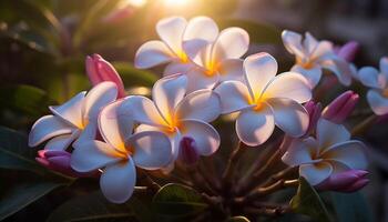 ai gerado lindo Rosa frangipani flor dentro tropical jardim gerado de ai foto