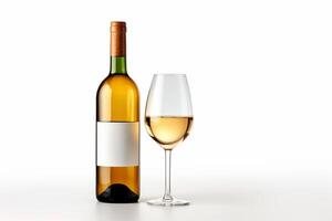 ai gerado garrafa e vidro do branco vinho em uma branco fundo. foto
