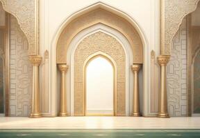 ai gerado luxuoso Ramadã celebração com a islâmico arquitetura fundo dentro uma luz Preto e bronze estilo. apresentando luxuoso parede enforcamentos, luz bege e amarelo acentos foto