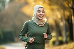 ai gerado feliz jovem muçulmano dentro hijab corrida em uma ensolarado dia ao ar livre, dentro a estilo do verde e marrom, colaborativo ativismo, ásia inspirado foto