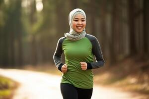 ai gerado feliz jovem muçulmano dentro hijab corrida em uma ensolarado dia ao ar livre, dentro a estilo do verde e marrom, colaborativo ativismo, ásia inspirado foto