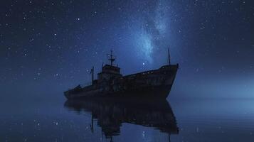 ai gerado período noturno navio Navegando através a mar debaixo a estrelado céu foto