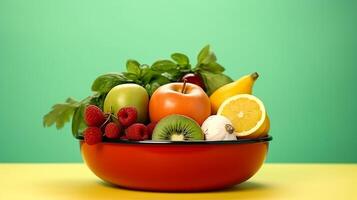 ai gerado fresco frutas e legumes dentro uma tigela em uma amarelo verde fundo foto