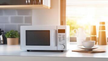 ai gerado microondas forno em cozinha mesa foto