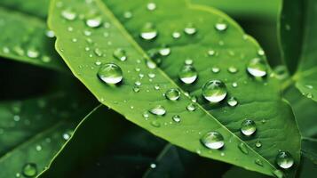 ai gerado verde folha com água gotas fechar-se. raso profundidade do campo. foto